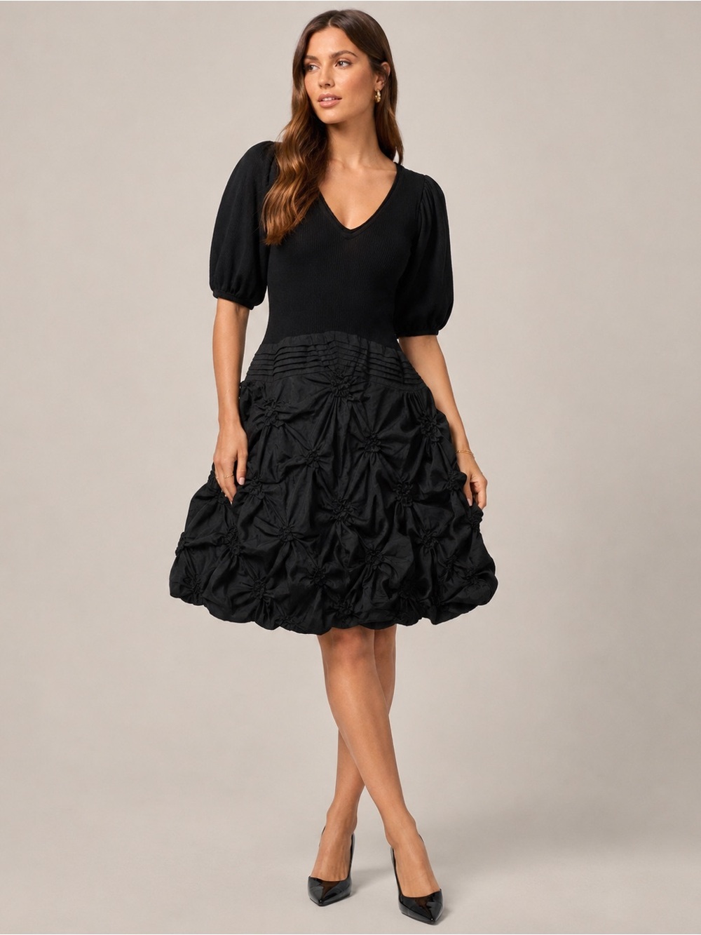 Women's Black Textured Bubble Hem Skirt - Elegant Circle Silhouette